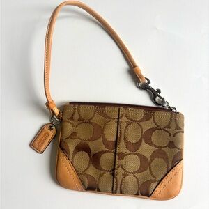Coach Signature Brown Wristlet Small Zip Pouch Tan Leather Trim